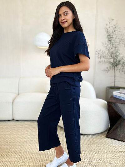 Double Take Full Size Texture Short Sleeve Top and Pants Set for a perfect OOTD – dress to impress outfits from Amexza