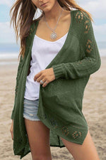Openwork Side Slit Open Front Long Sleeve Cardigan - Amexza