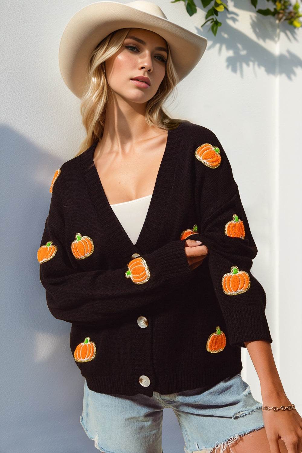 Double Take Full Size Pumpkin Button Up Long Sleeve Cardigan Black for a perfect OOTD – dress to impress outfits from Amexza