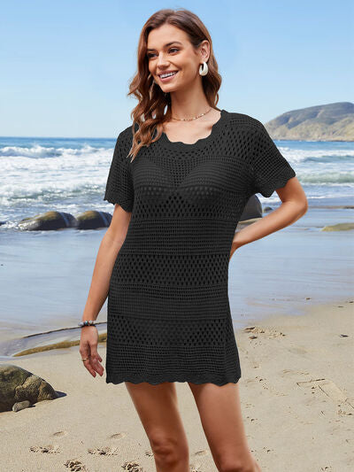 Openwork Round Neck Short Sleeve Cover-UP for a perfect OOTD – dress to impress outfits from Amexza