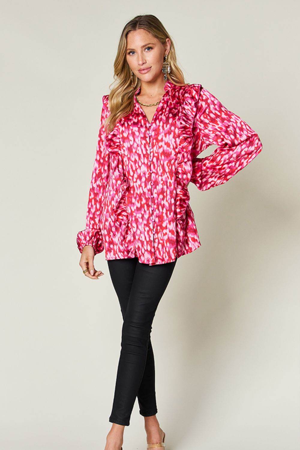 Double Take Full Size Printed Ruffle Trim Balloon Sleeve Shirt - Amexza