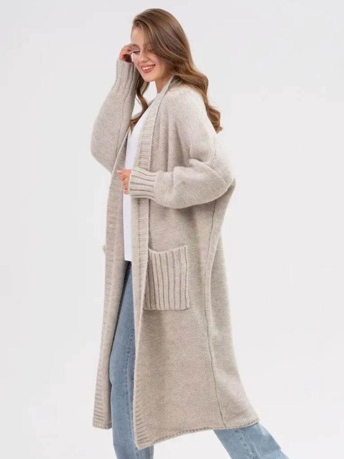 Pocketed Open Front Long Sleeve Longline Cardigan - Amexza