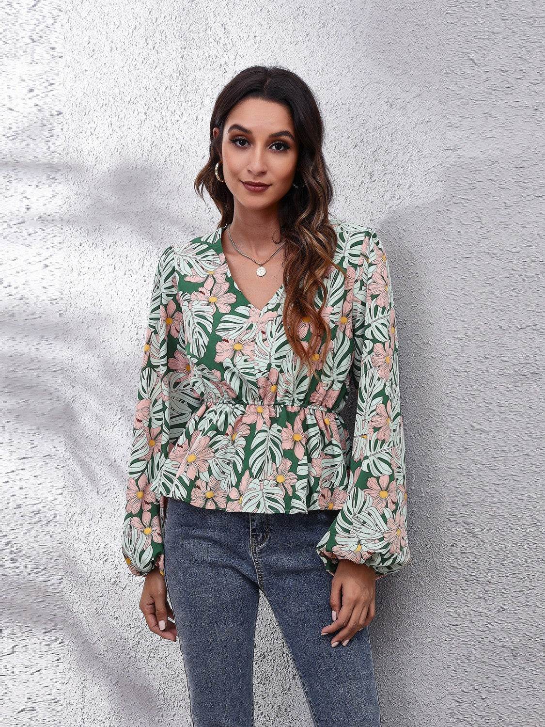 Floral V-Neck Balloon Sleeve Peplum Blouse Green for a perfect OOTD – dress to impress outfits from Amexza