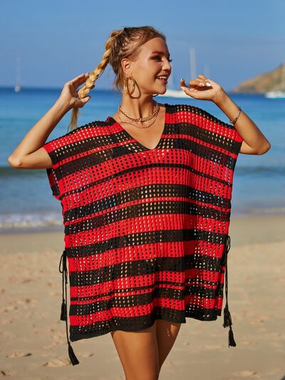 Angel Wings Tassel Openwork Striped V-Neck Cover Up Black One Size for a perfect OOTD – dress to impress outfits from Amexza