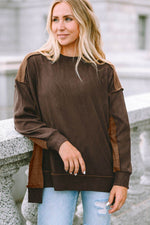 Ribbed Exposed Seam Dropped Shoulder Blouse - Amexza