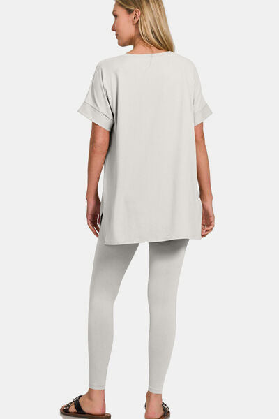 Zenana V-Neck Rolled Short Sleeve T-Shirt and Leggings Lounge Set for a perfect OOTD – dress to impress outfits from Amexza