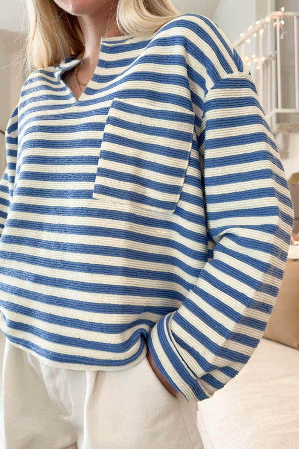 Stripe Chest Pocket Notched Top - Amexza