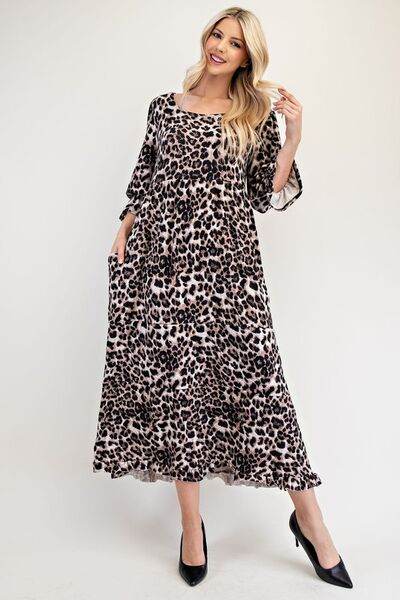 Celeste Full Size Leopard Round Neck Flounce Sleeve Dress for a perfect OOTD – dress to impress outfits from Amexza