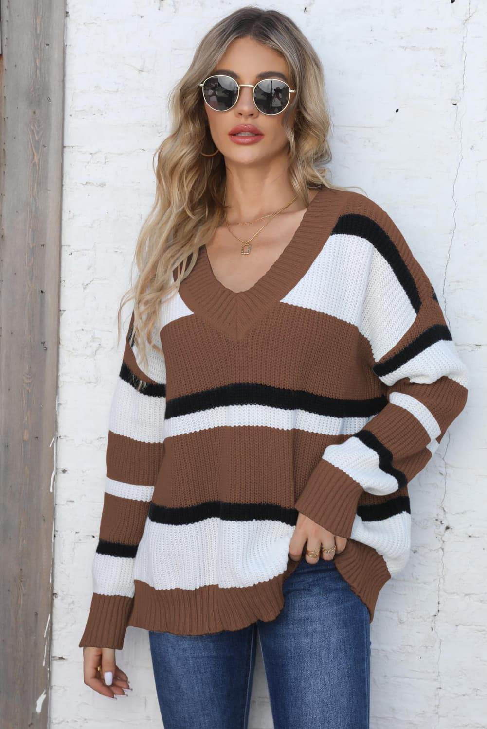 Color Block V-Neck Dropped Shoulder Sweater Chocolate One Size for a perfect OOTD – dress to impress outfits from Amexza