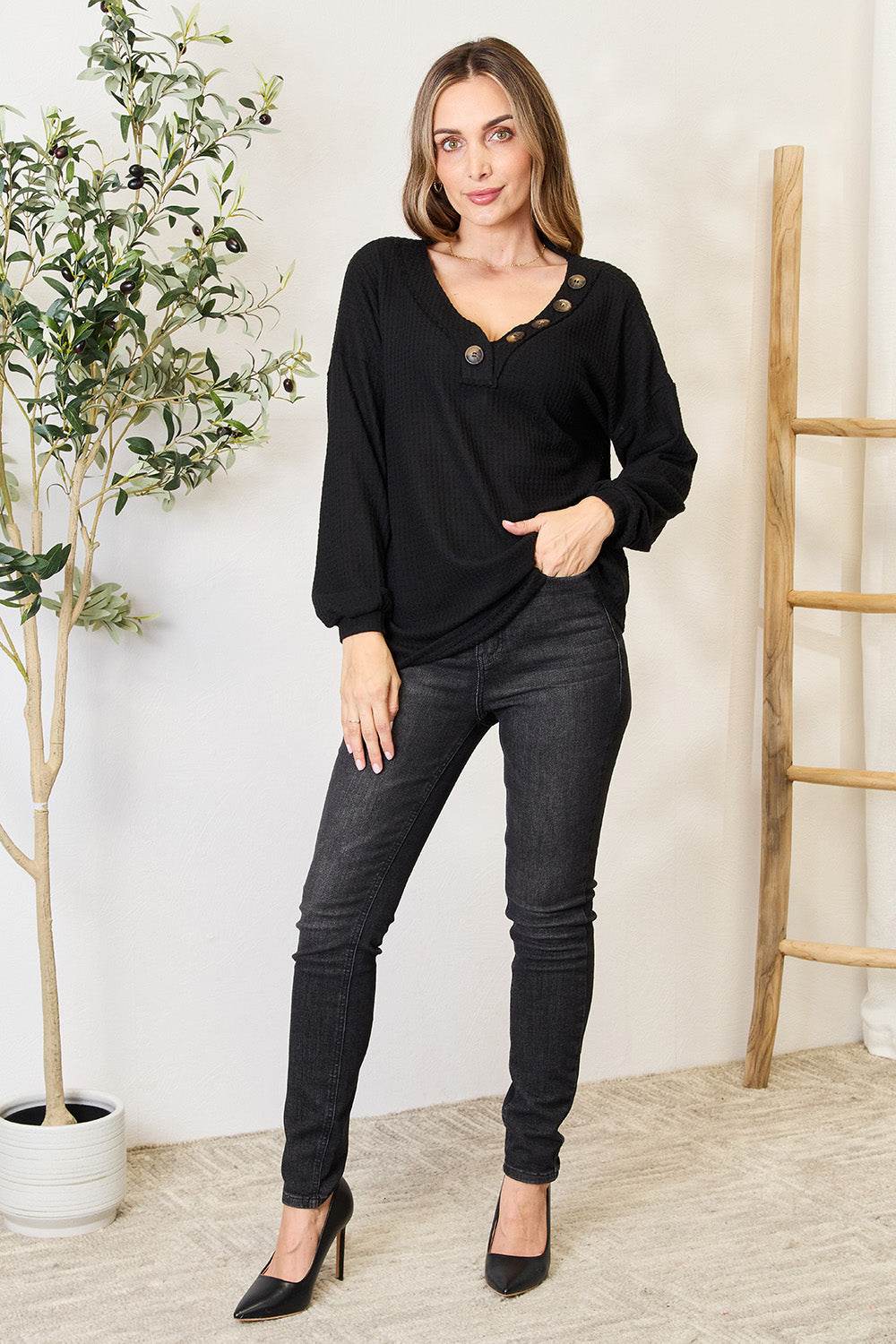 Zenana Buttoned Long Sleeve Blouse for a perfect OOTD – dress to impress outfits from Amexza