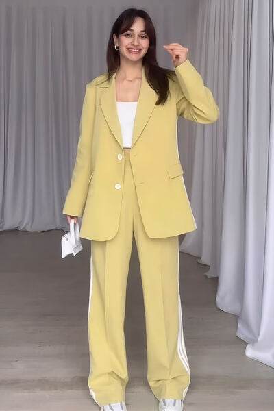 Side Striped Long Sleeve Blazer and Pants Set Pastel Yellow for a perfect OOTD – dress to impress outfits from Amexza