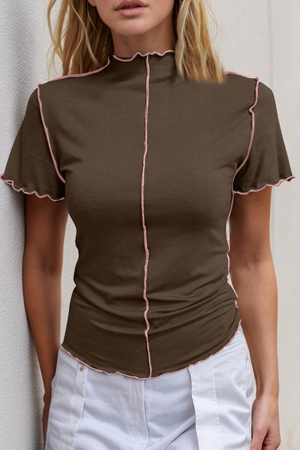 Basic Bae Contrast Trim Mock Neck Short Sleeve T-Shirt Chocolate for a perfect OOTD – dress to impress outfits from Amexza