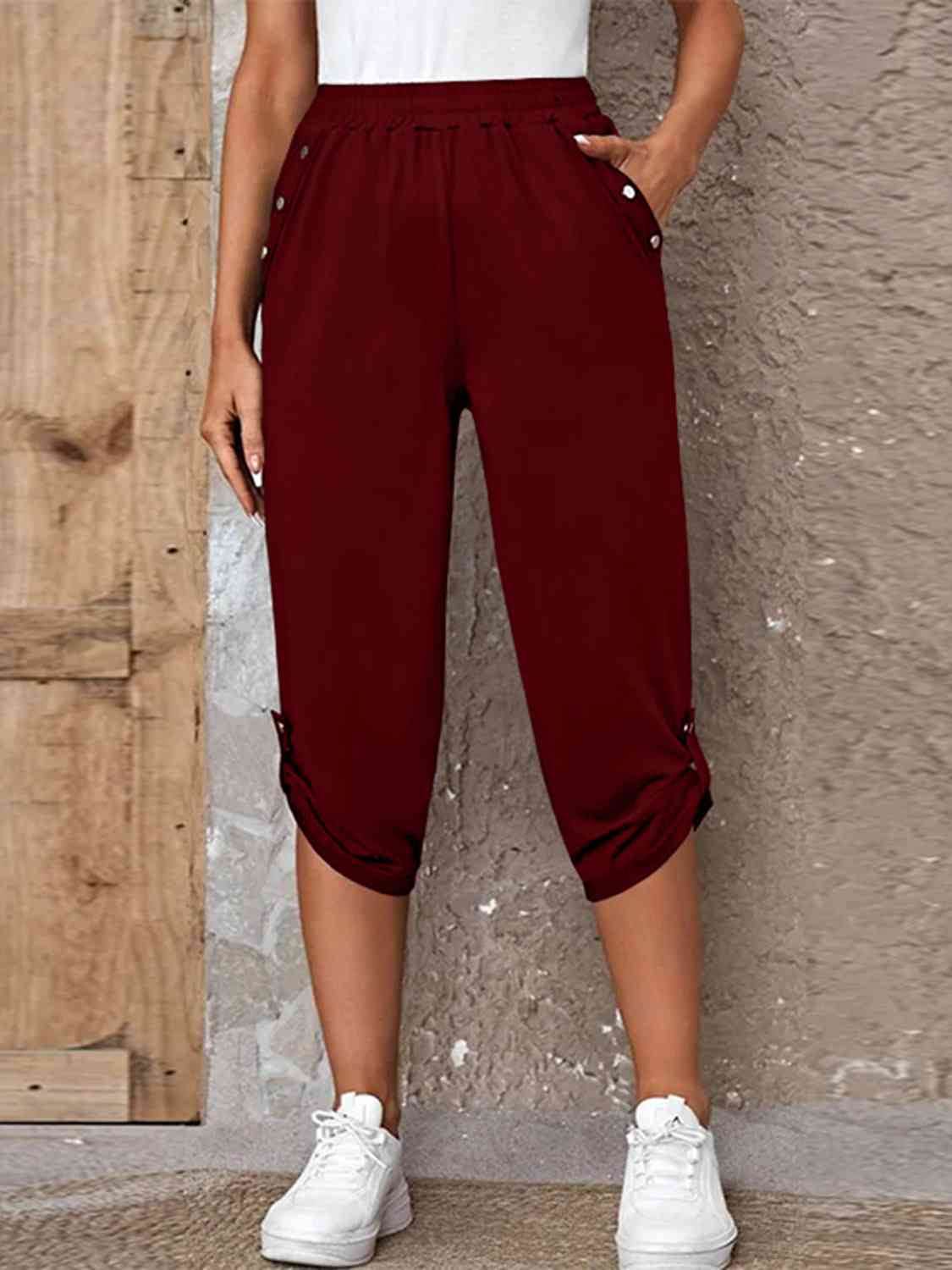 Full Size Roll-Tab Capris Pants Burgundy for a perfect OOTD – dress to impress outfits from Amexza