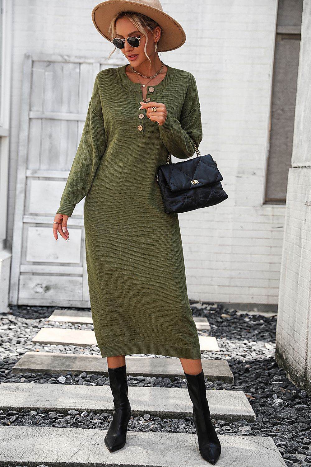 Notched Neck Dropped Shoulder Button-Down Midi Dress - Amexza