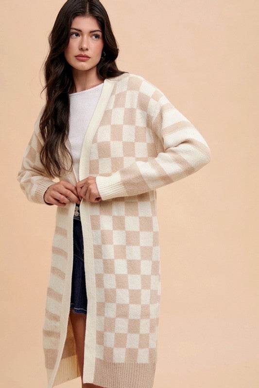 Annie Wear Checkered & Striped Open Front Long Sleeve Cardigan Latte Combo for a perfect OOTD – dress to impress outfits from Amexza