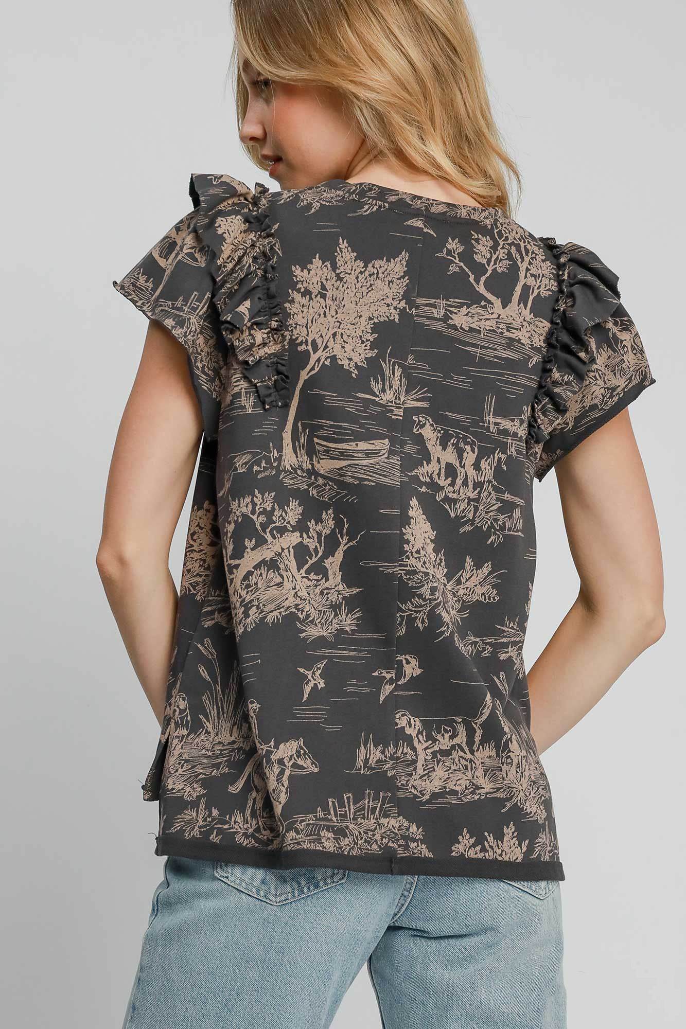 Umgee Ruffled Landscape Print Short Sleeve French Terry Top for a perfect OOTD – dress to impress outfits from Amexza