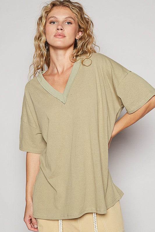 POL V-Neck Half Sleeve T-Shirt Dried Moss for a perfect OOTD – dress to impress outfits from Amexza