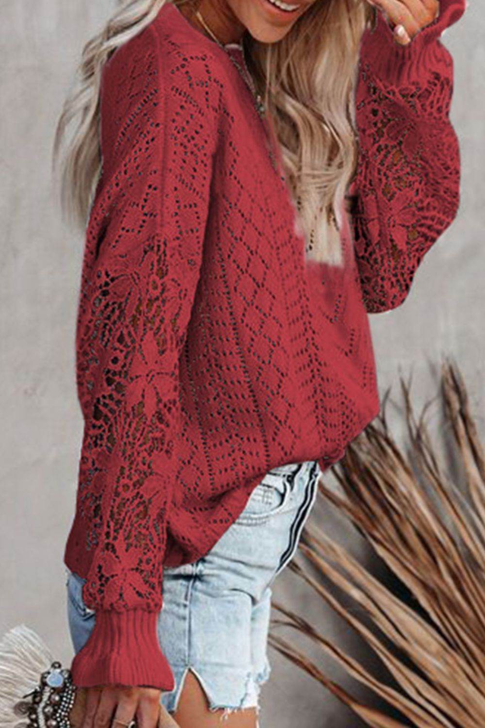 Openwork Round Neck Long Sleeve Sweater for a perfect OOTD – dress to impress outfits from Amexza