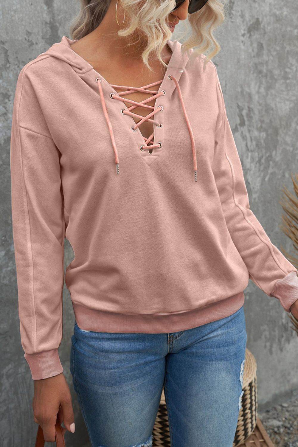 Lace Up Long Sleeve Hoodie - Amexza