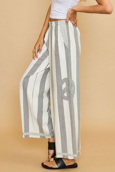 Umgee Peace Sign Patch Striped Wide Leg Pants for a perfect OOTD – dress to impress outfits from Amexza