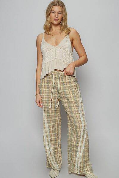 POL Lace Trim Drawstring Checkered Wide Leg Pants for a perfect OOTD – dress to impress outfits from Amexza