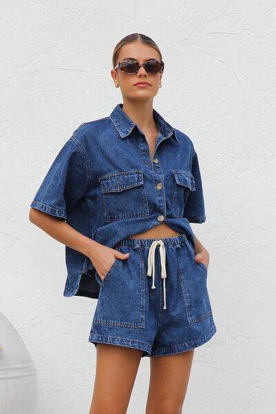 Collared Neck Button Up Top and Shorts Denim Set Medium for a perfect OOTD – dress to impress outfits from Amexza