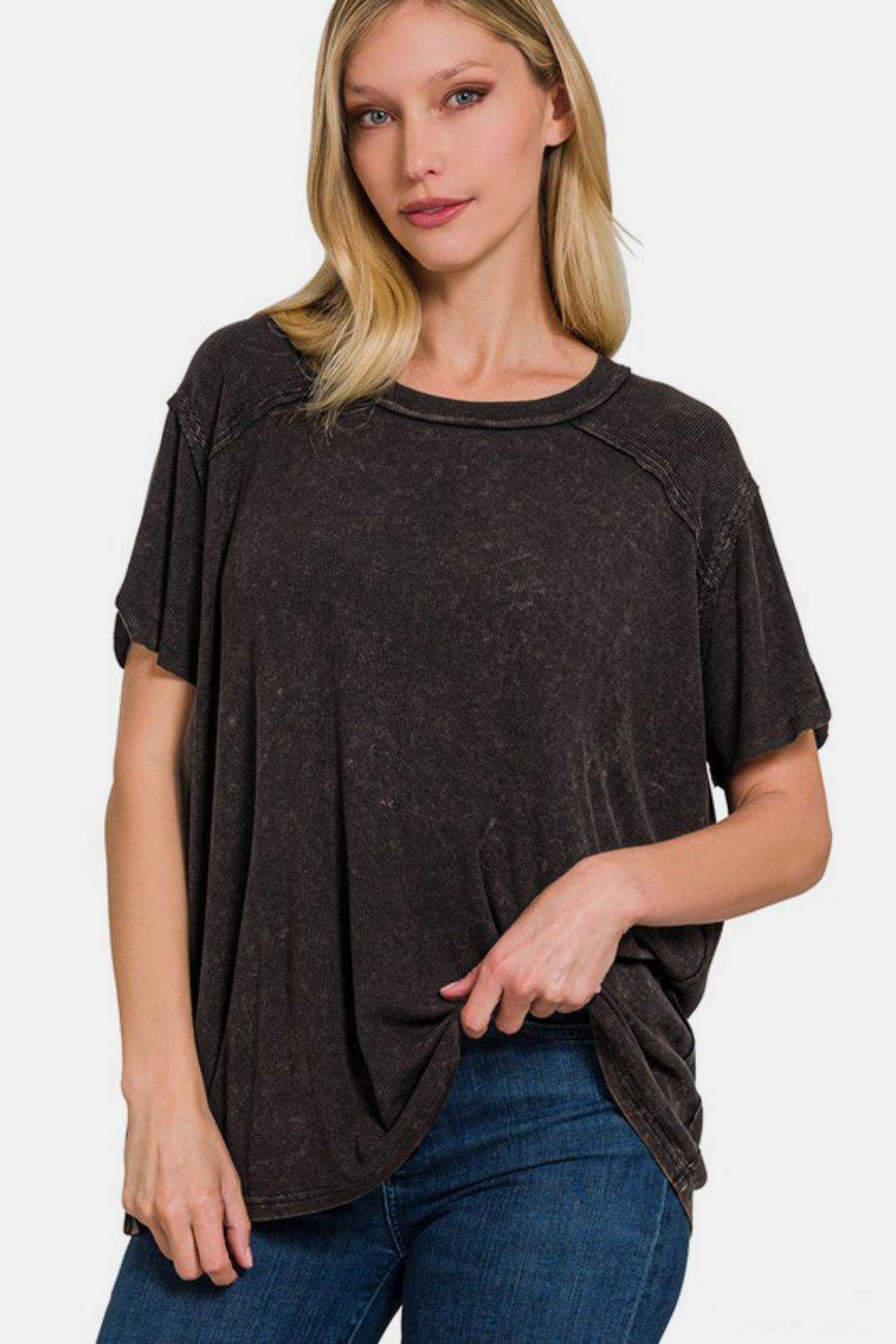 Zenana Washed Ribbed Short Sleeve Top Black for a perfect OOTD – dress to impress outfits from Amexza