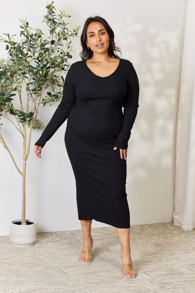 Culture Code Full Size Ribbed Long Sleeve Midi Slit Dress for a perfect OOTD – dress to impress outfits from Amexza