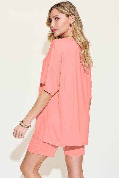 Basic Bae Bamboo Full Size V-Neck Drop Shoulder T-Shirt and Shorts Set for a perfect OOTD – dress to impress outfits from Amexza