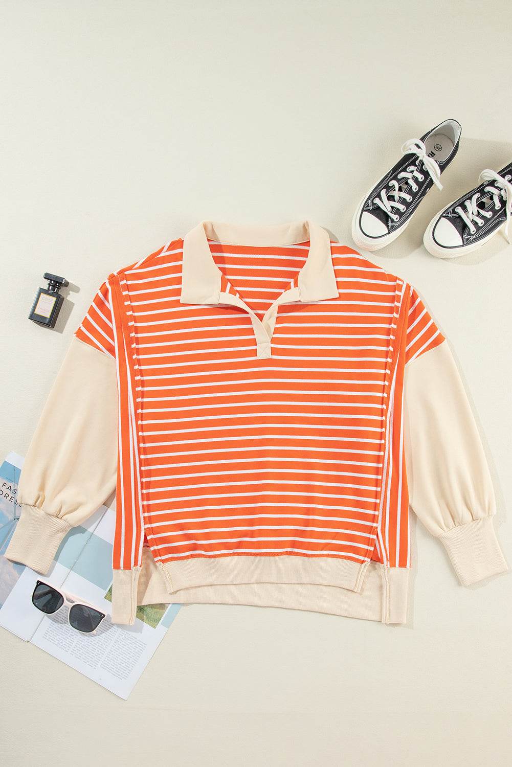 Striped Johnny Collar Long Sleeve Sweatshirt for a perfect OOTD – dress to impress outfits from Amexza