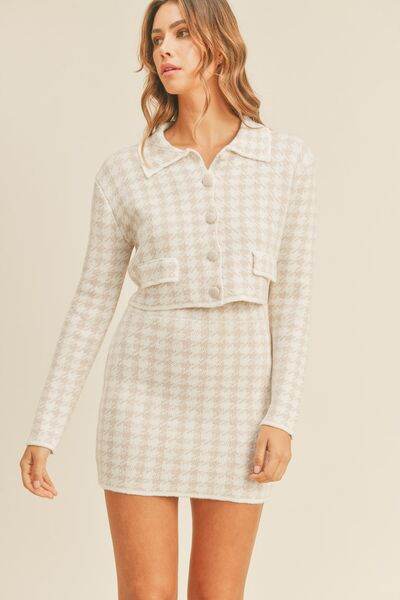 MABLE Houndstooth Cropped Knit Cardigan and Mini Skirt Set Dusty Pink for a perfect OOTD – dress to impress outfits from Amexza