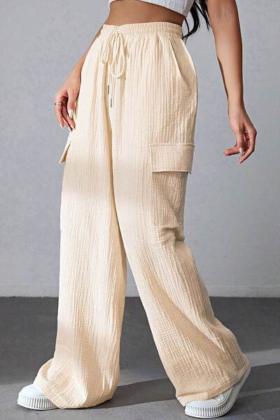 Drawstring Pocketed Wide Leg Pants - Amexza