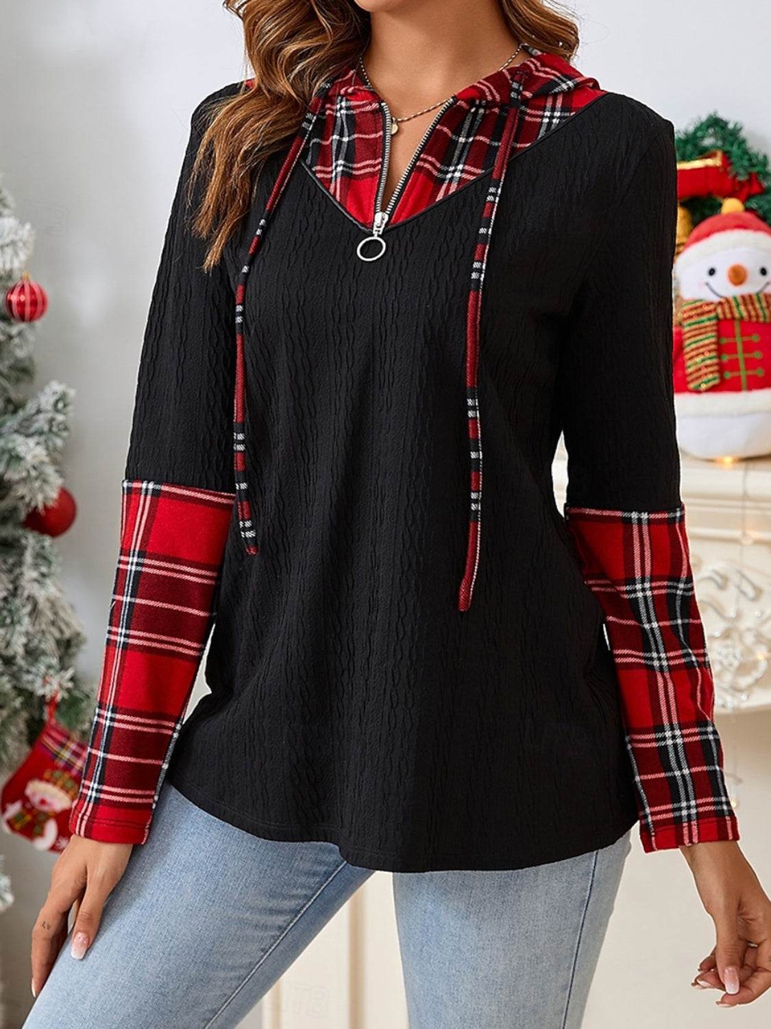 Plaid Quarter Zip Hooded T-Shirt for a perfect OOTD – dress to impress outfits from Amexza