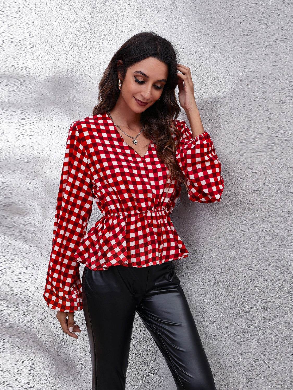 Plaid V-Neck Balloon Sleeve Peplum Blouse for a perfect OOTD – dress to impress outfits from Amexza