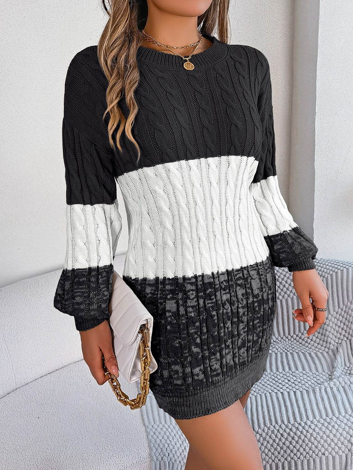 Cable-Knit Round Neck Color Block Sweater Dress for a perfect OOTD – dress to impress outfits from Amexza