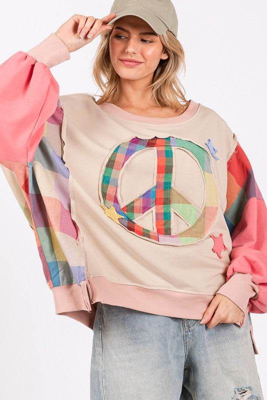 SAGE + FIG Full Size Contrast Peace Patch Dropped Shoulder Sweatshirt for a perfect OOTD – dress to impress outfits from Amexza