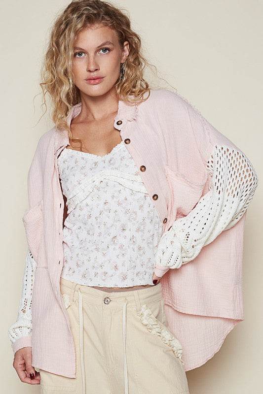 POL Openwork Lantern Sleeve Button Down Gauze Shirt Blush Pink for a perfect OOTD – dress to impress outfits from Amexza