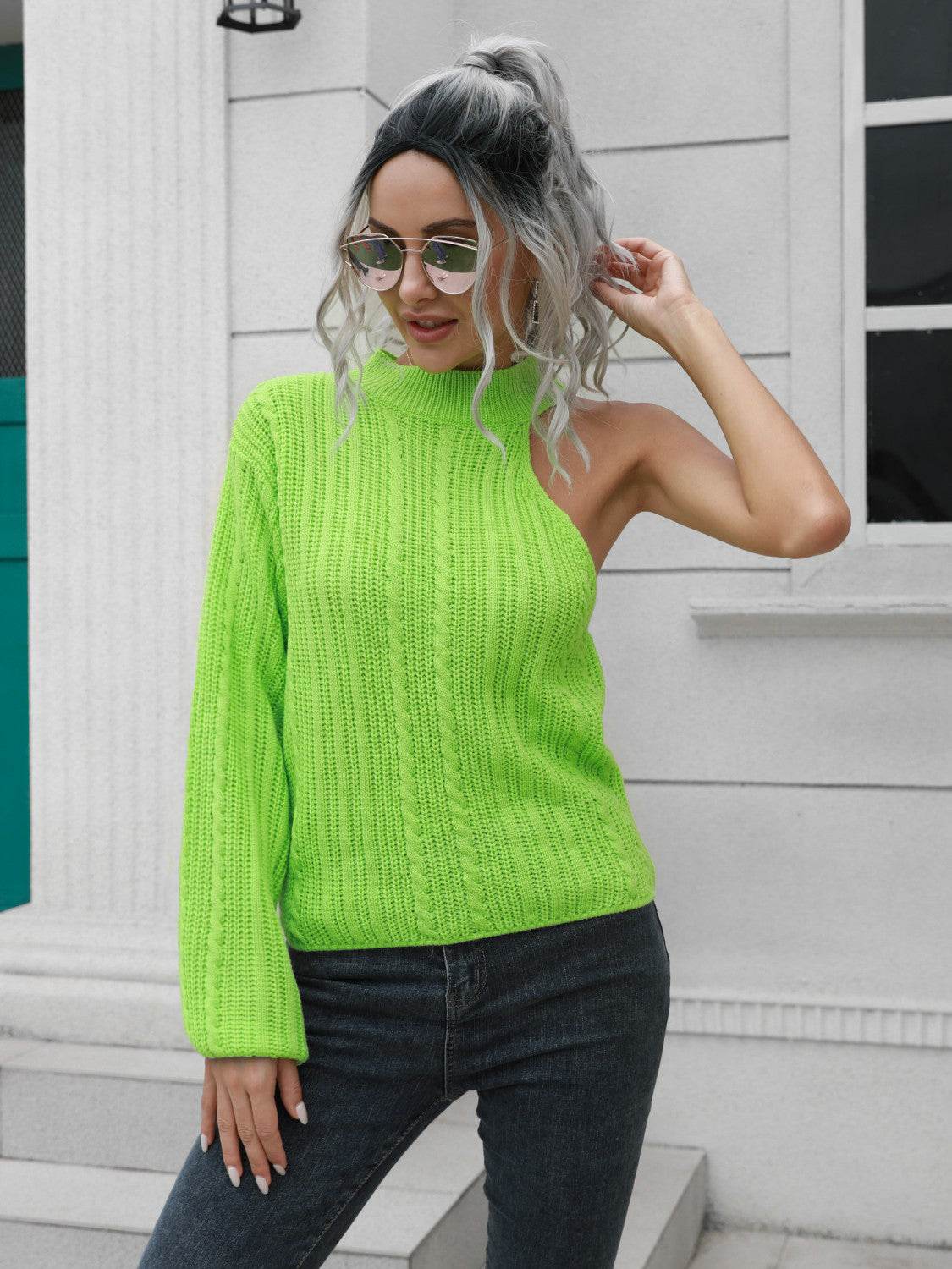 Cable-Knit Round Neck Asymmetrical Sweater Neon Green for a perfect OOTD – dress to impress outfits from Amexza