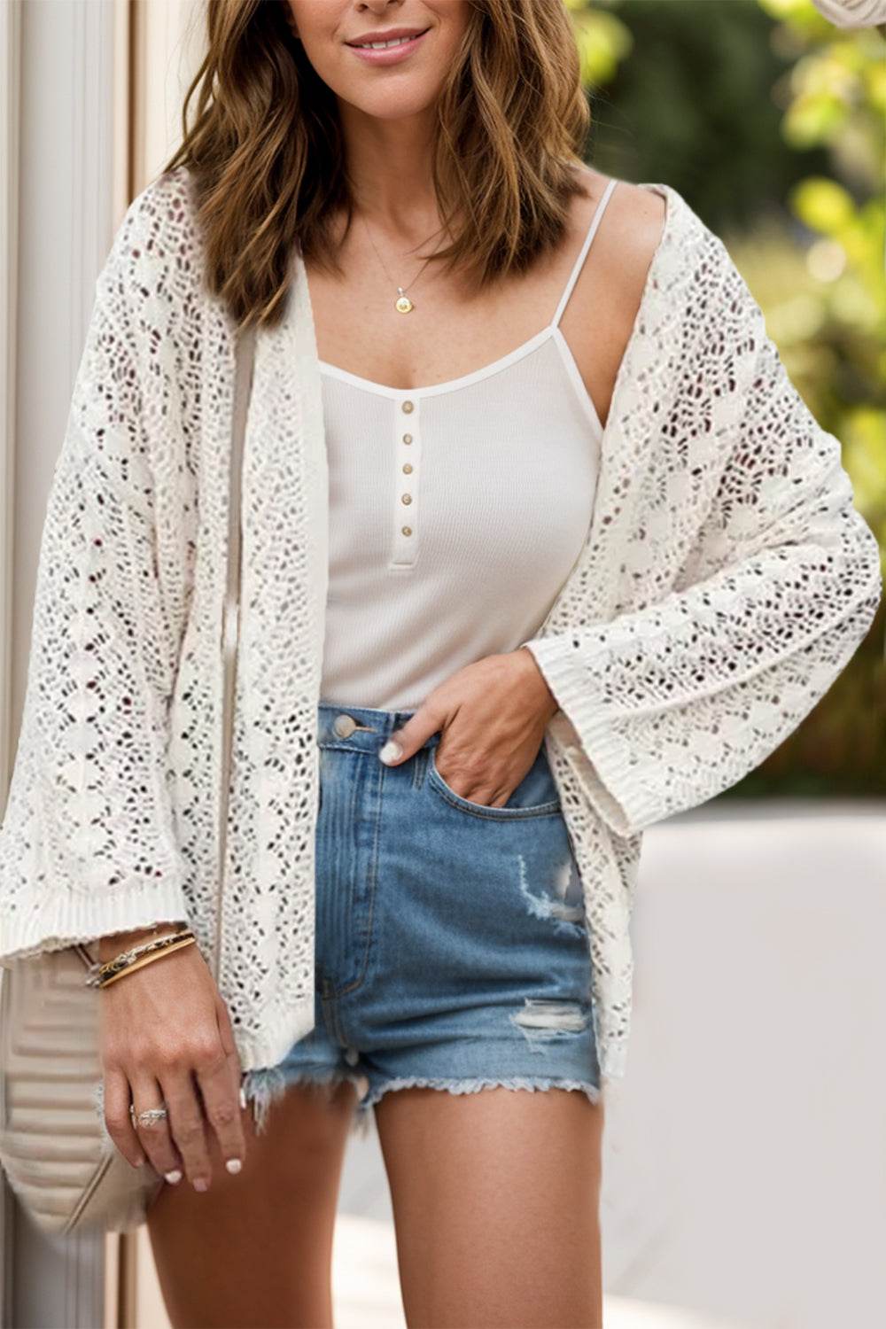 Openwork Open Front Dropped Shoulder Cardigan - Amexza