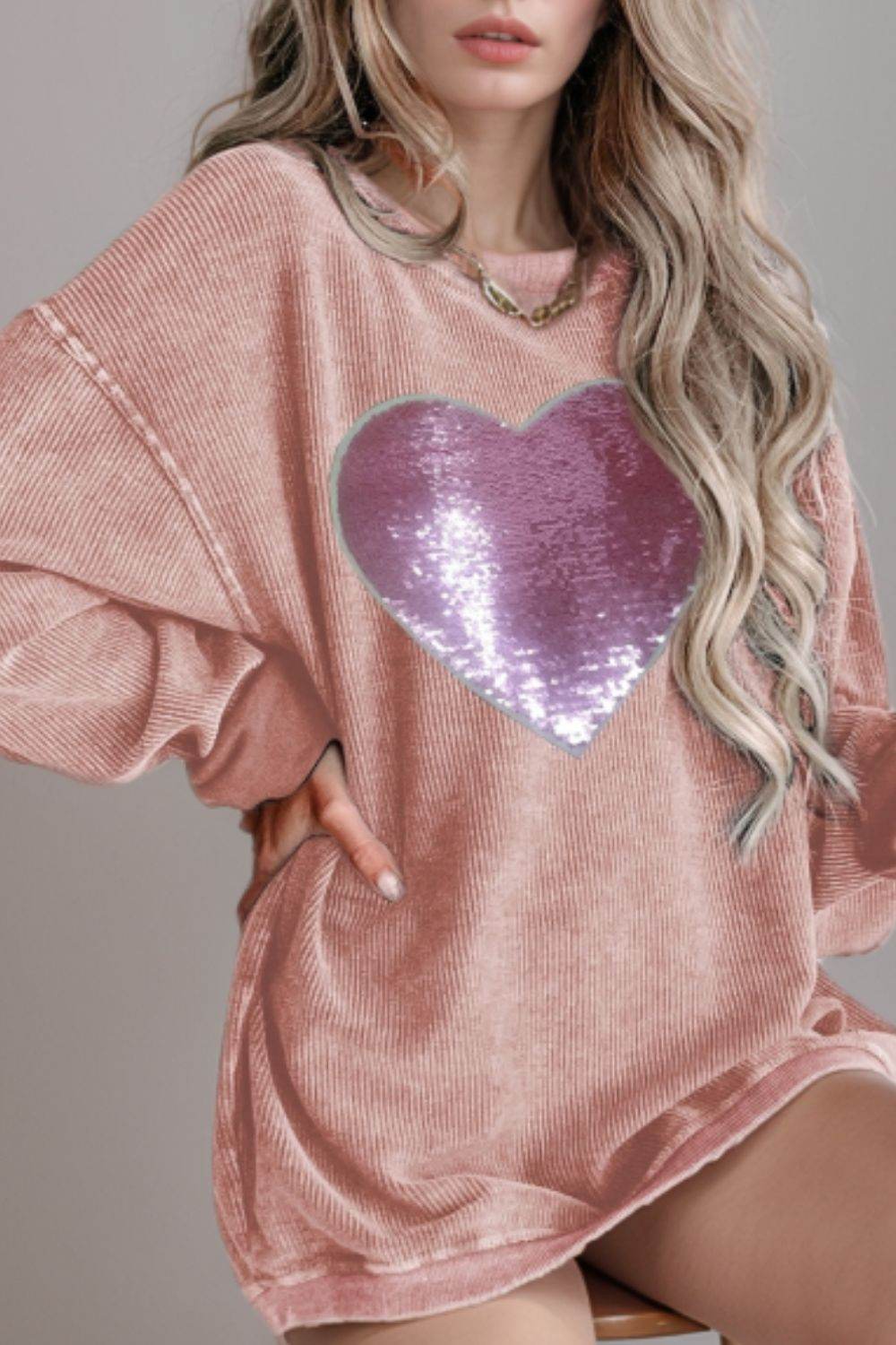 Valentine’s Day Sequin Heart Round Neck Long Sleeve Sweatshirt for a perfect OOTD – dress to impress outfits from Amexza