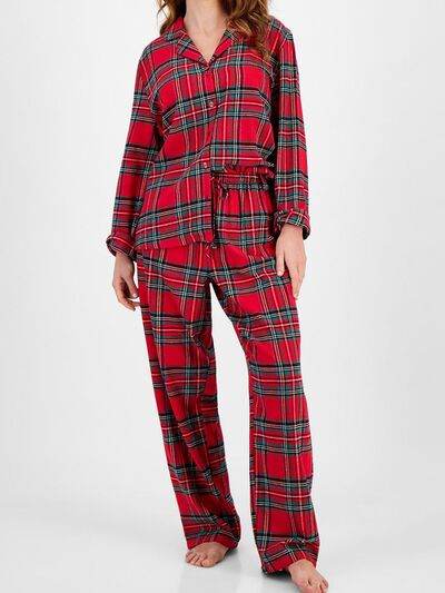 Plaid Collared Neck Button Up Top and Pants Lounge Set Deep Red for a perfect OOTD – dress to impress outfits from Amexza