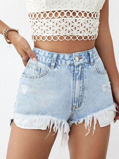 Distressed Raw Hem Denim Shorts Light for a perfect OOTD – dress to impress outfits from Amexza