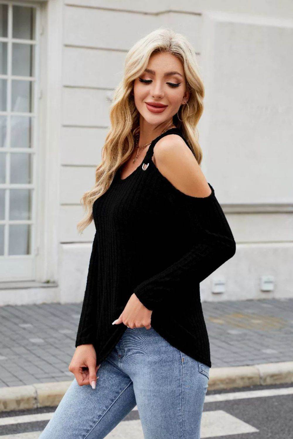 Ribbed Cold Shoulder Long Sleeve Top - Amexza