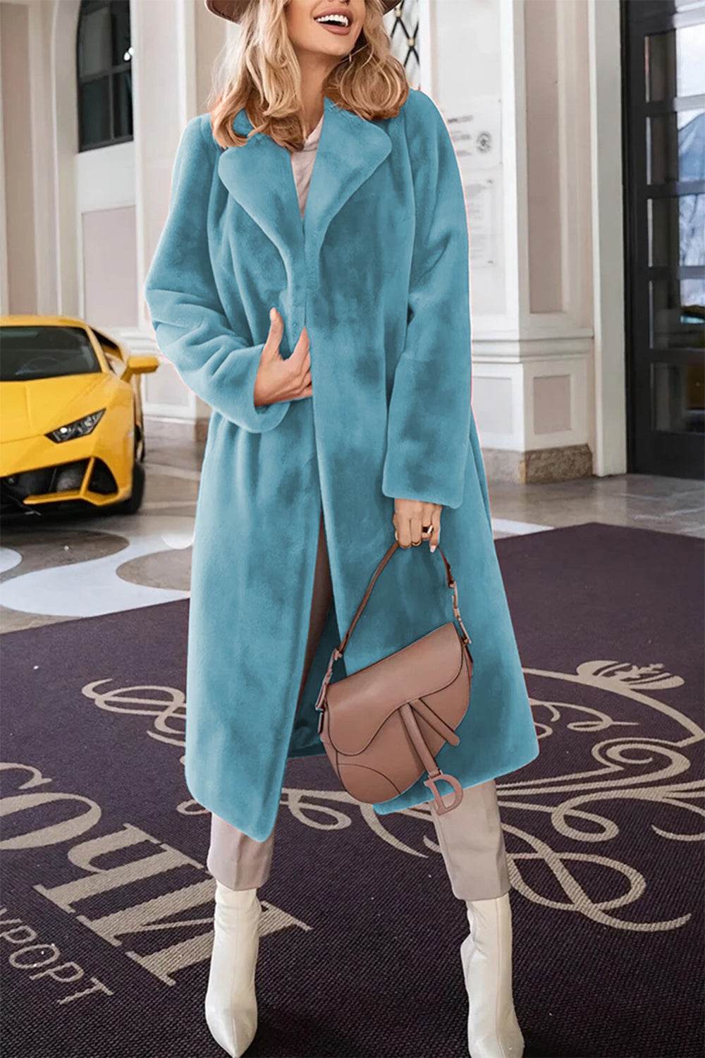 Full Size Fuzzy Tied Collared Neck Coat Teal for a perfect OOTD – dress to impress outfits from Amexza