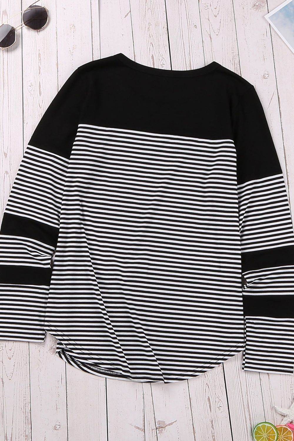 Striped Round Neck Long Sleeve T-Shirt - Amexza