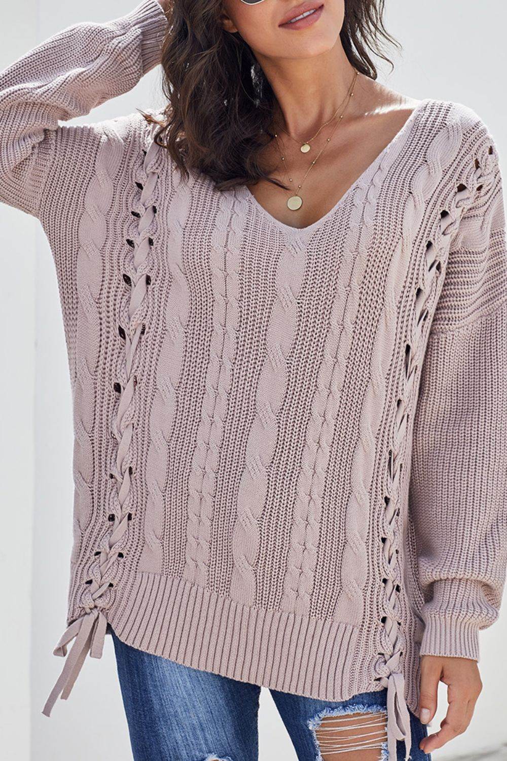 Cable Knit Lace Up V-Neck Sweater Dusty Pink for a perfect OOTD – dress to impress outfits from Amexza