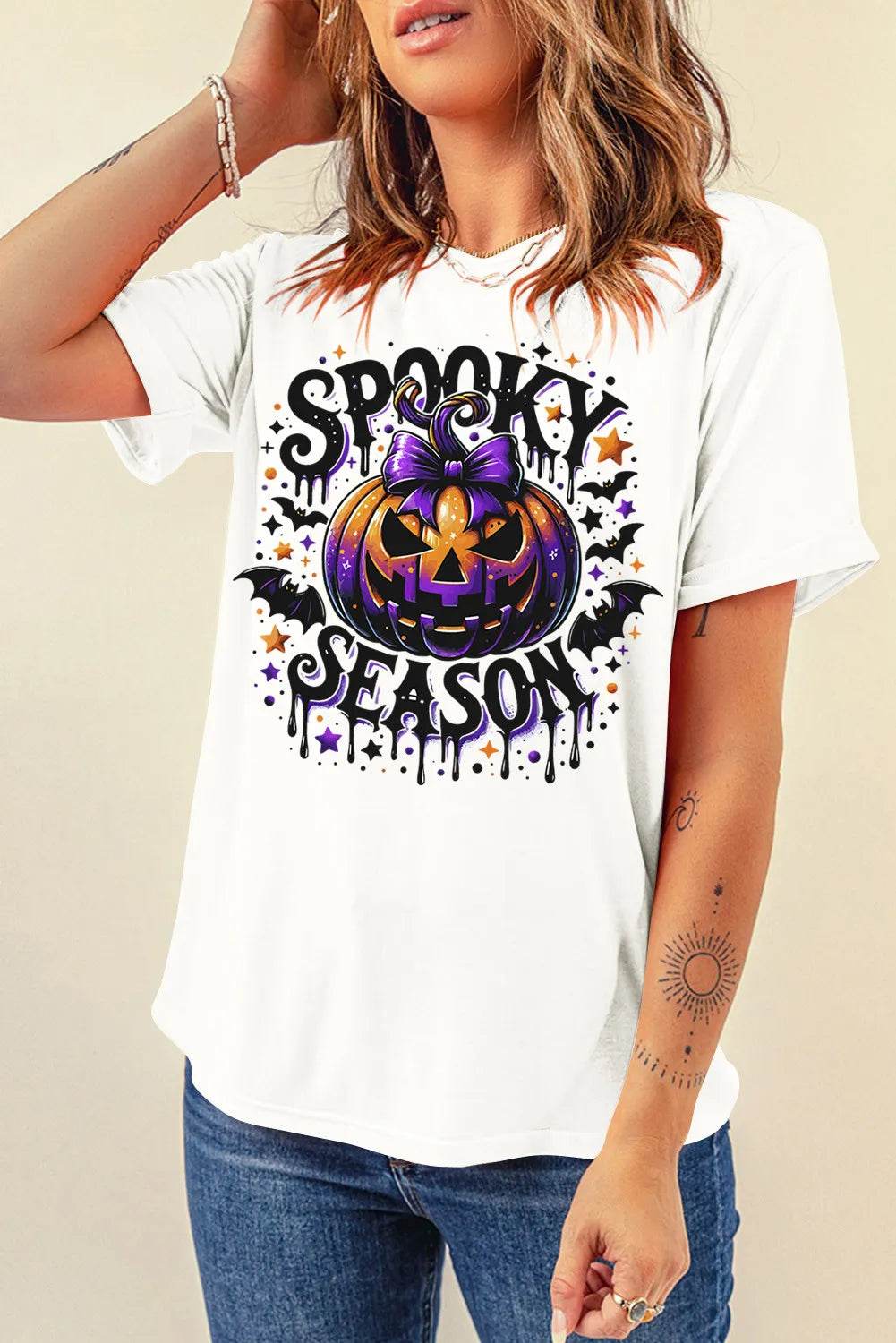 Full Size Jack-O'-Lantern Graphic Round Neck Short Sleeve T-Shirt for a perfect OOTD – dress to impress outfits from Amexza