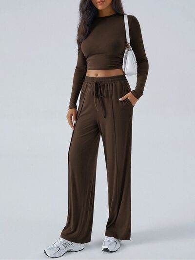 Devine Round Neck Long Sleeve Top and Pants Set - Amexza