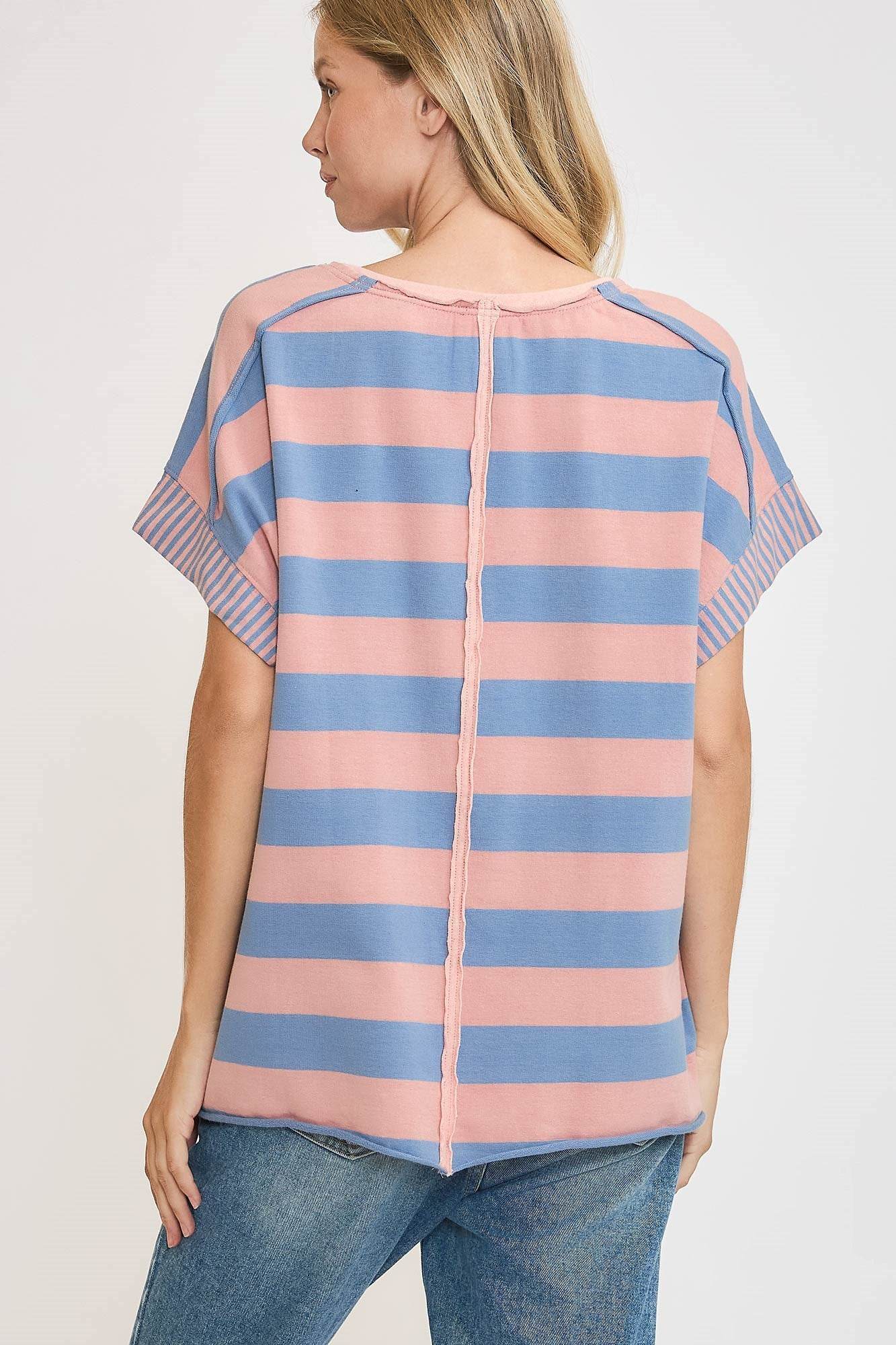 Umgee Peace Sign Patch Striped French Terry T-Shirt for a perfect OOTD – dress to impress outfits from Amexza