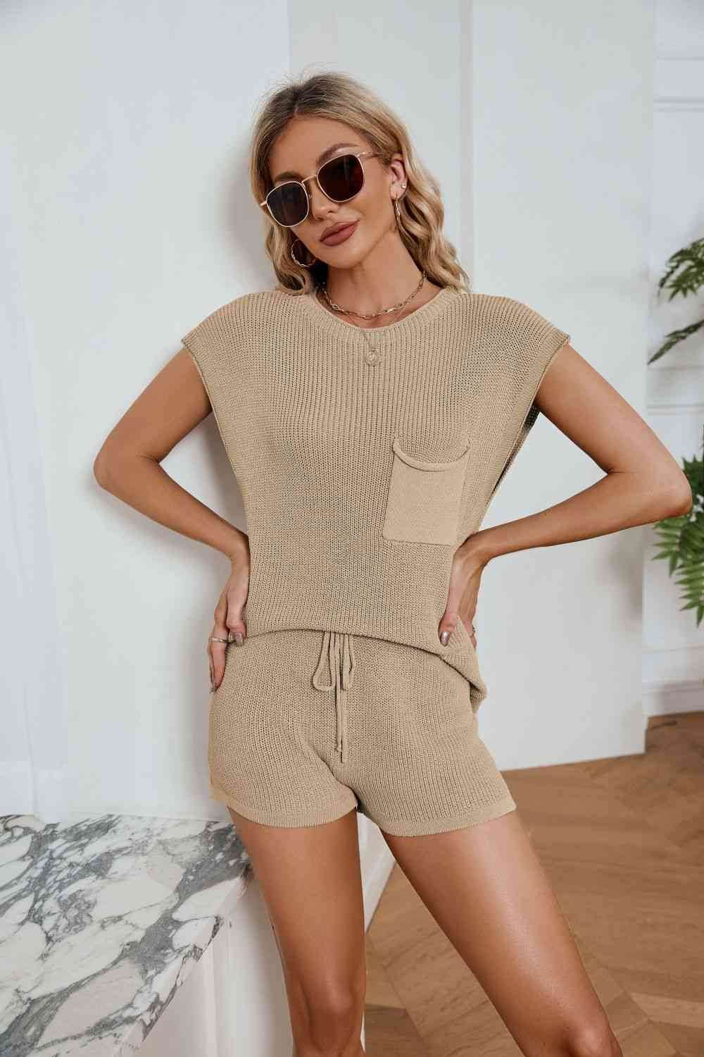 Round Neck Knit Top and Drawstring Shorts Set for a perfect OOTD – dress to impress outfits from Amexza